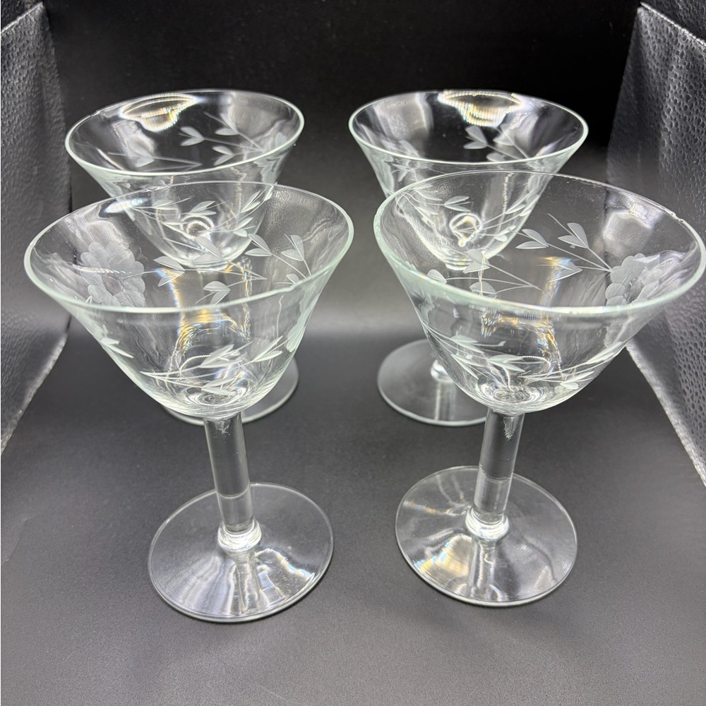 Elegant Clear Etched Glass Martini Glasses, Set of 4